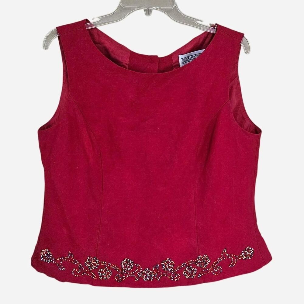 vintage boho festival rainbow floral beaded red linen blend top
